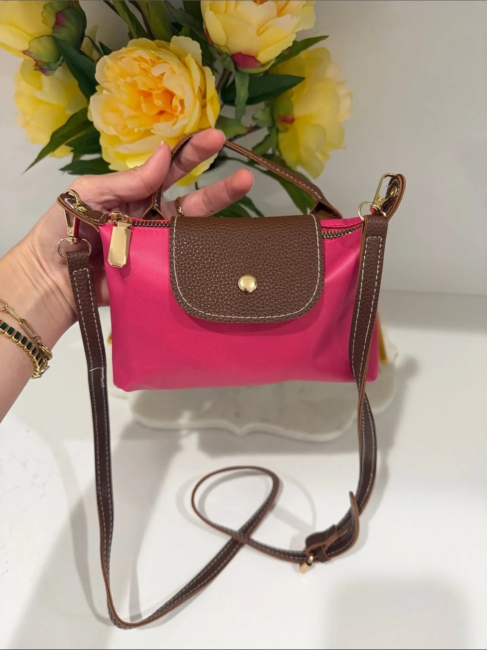 Pink Nylon Mini Bag with Brown Trim